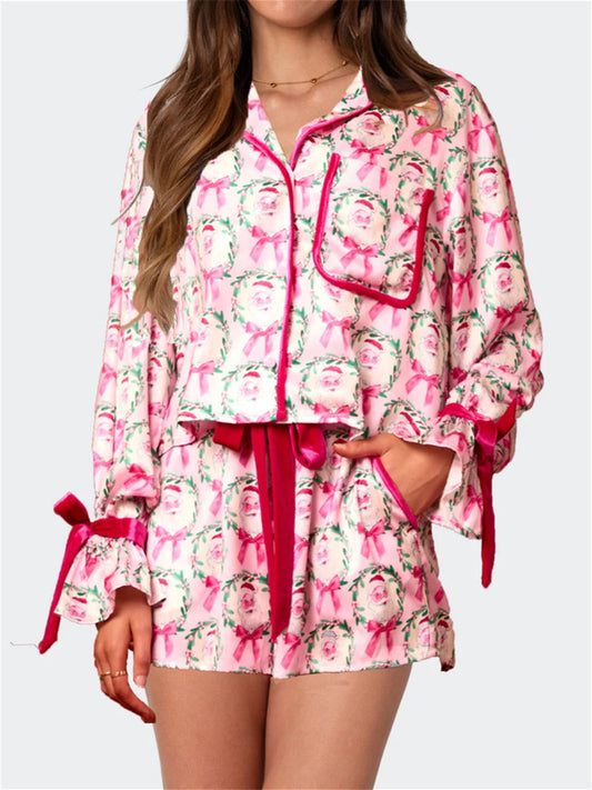 Bow Tie Long Sleeve Shirt Shorts Satin Silk Funny Graphic 2 Piece Pjs Set