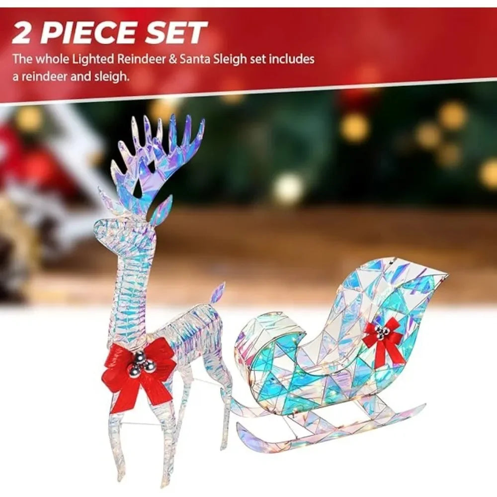 Iridescent Christmas Reindeer and Santa Sleigh Set