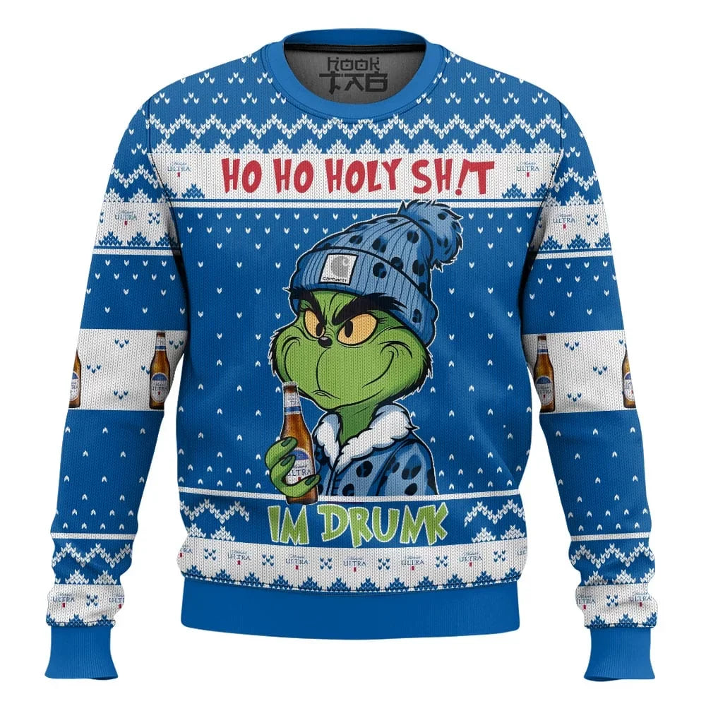 Grinch "Ho Ho Holy Sh!t" Ugly Christmas Sweater with Beer bottles