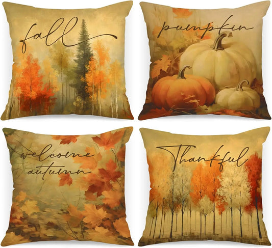 4pcs Fall Watercolor Forest Pumpkin Pillow Covers