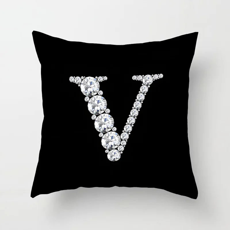 Crystal Diamond Printed  Alphabet 18x18 Polyester Cushion Pillow Cover