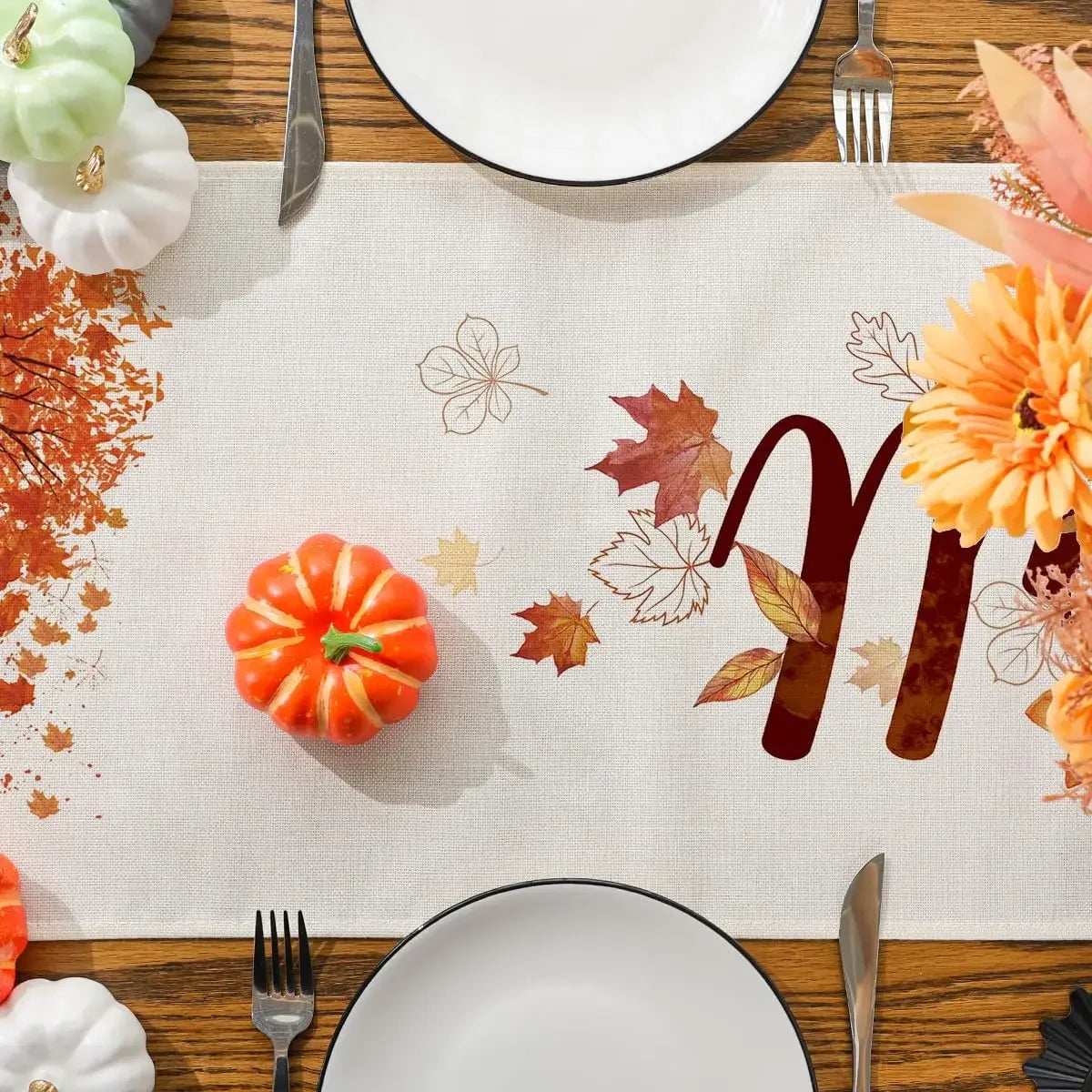 Thanksgiving Truck Gnome Leaves Linen Table Runners