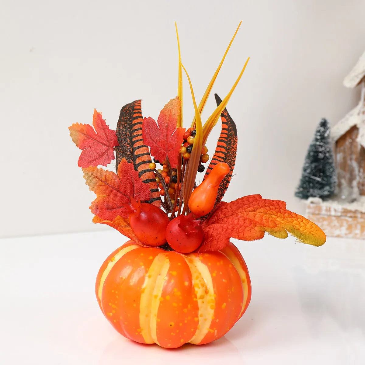 Pumpkins With Artificial Flowers For Thanksgiving