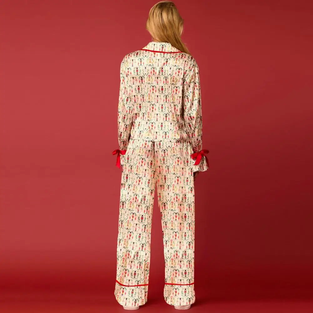 Festive Christmas Print Pajamas Set with Satin Cardigan Top Wide Leg Pants