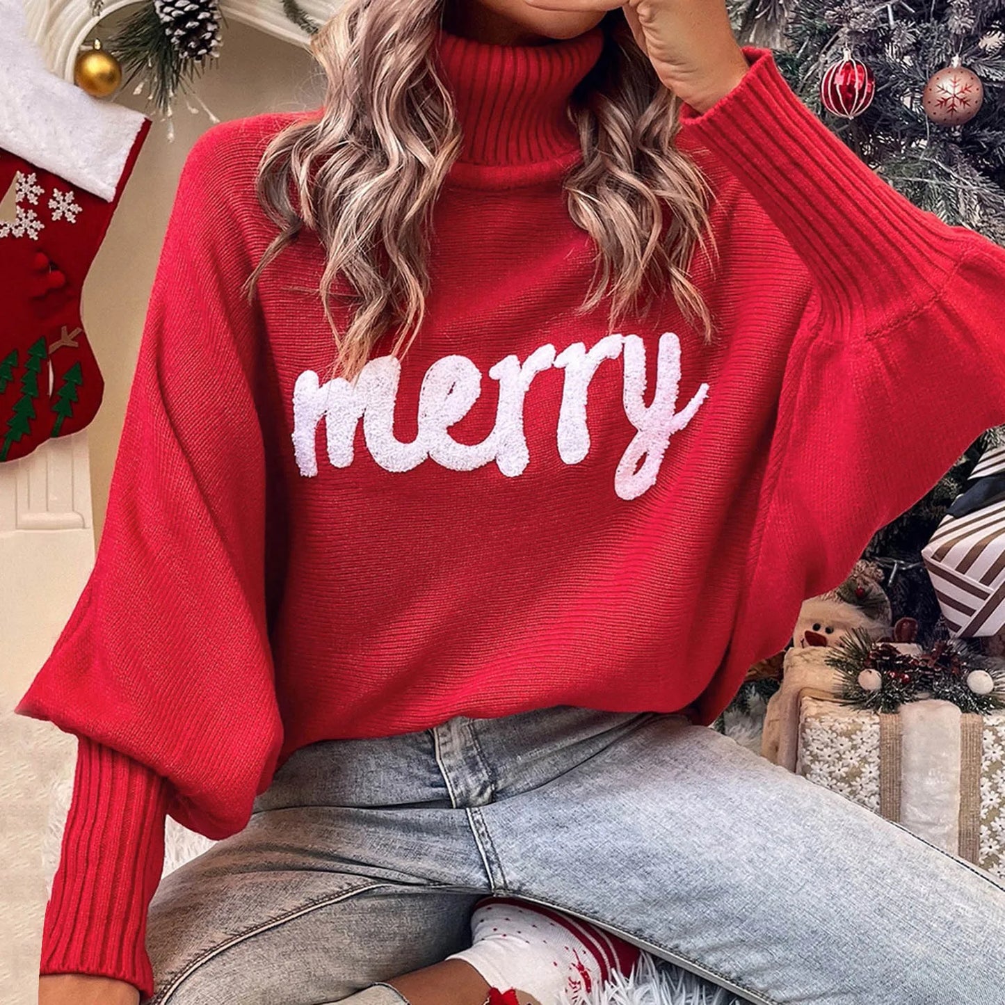 Christmas Turtleneck Ugly Sweater with Merry Letter