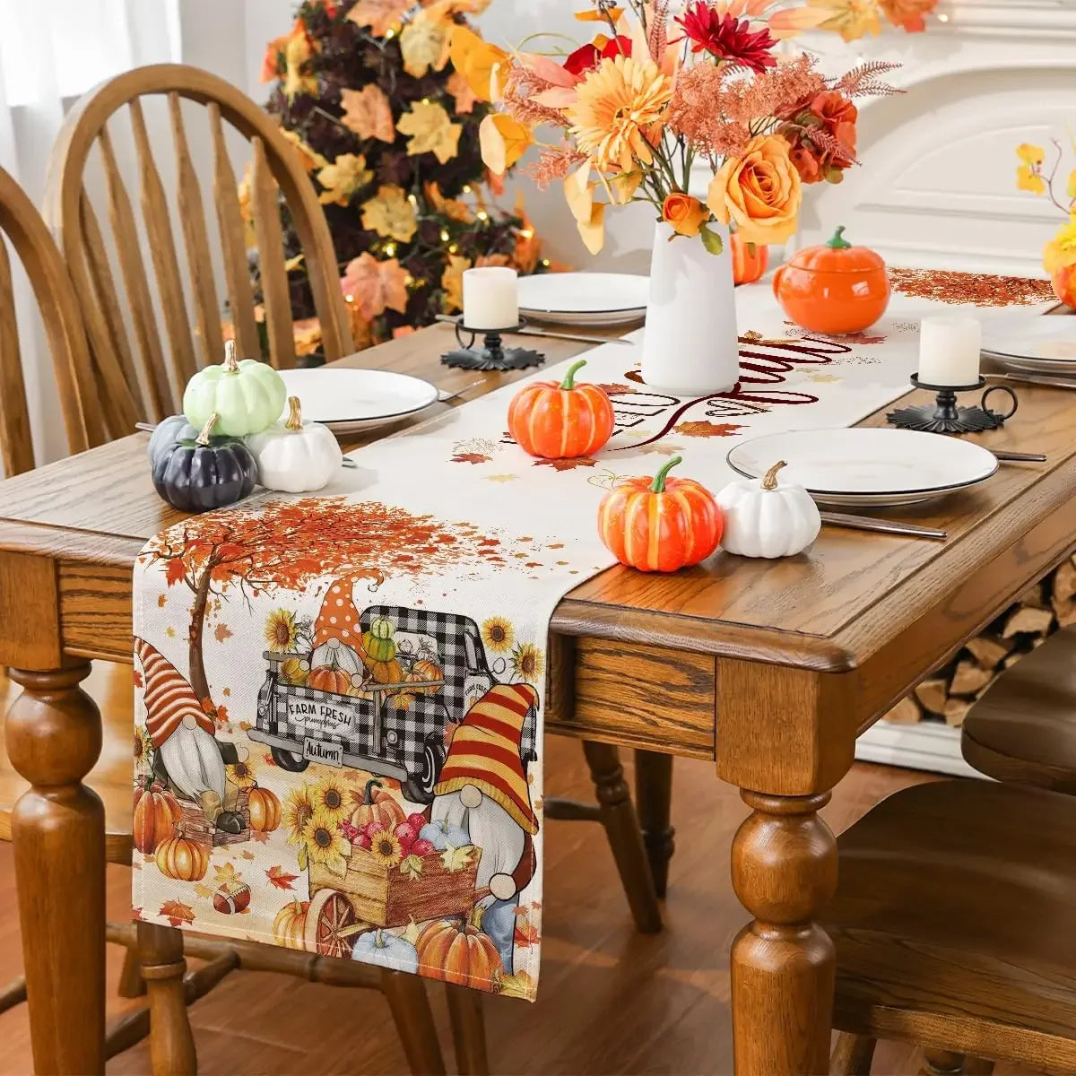 Thanksgiving Truck Gnome Leaves Linen Table Runners