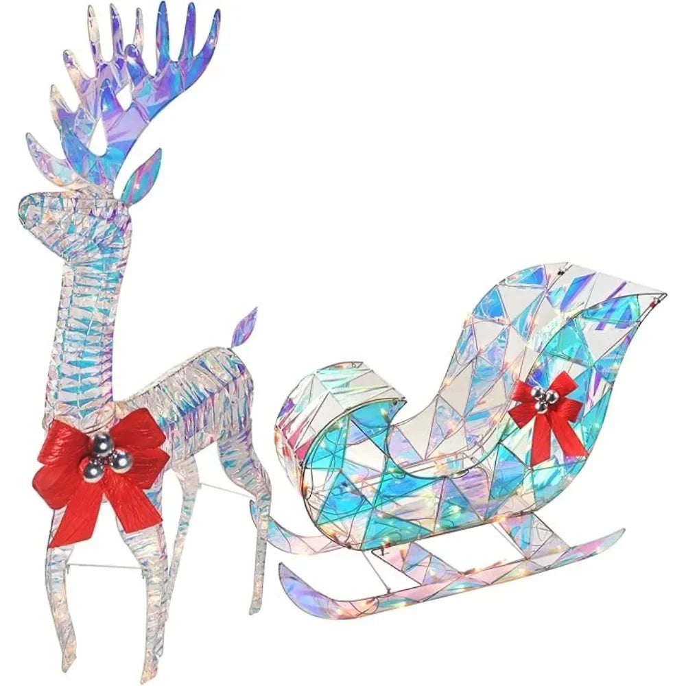 Iridescent Christmas Reindeer and Santa Sleigh Set