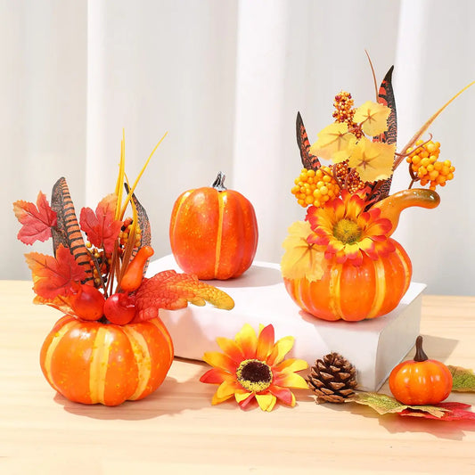Pumpkins With Artificial Flowers For Thanksgiving