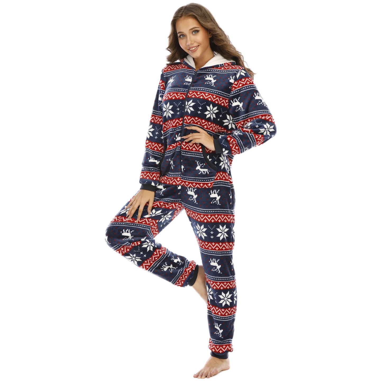 Warm Hooded Onesies Flannel Zipper Pajamas