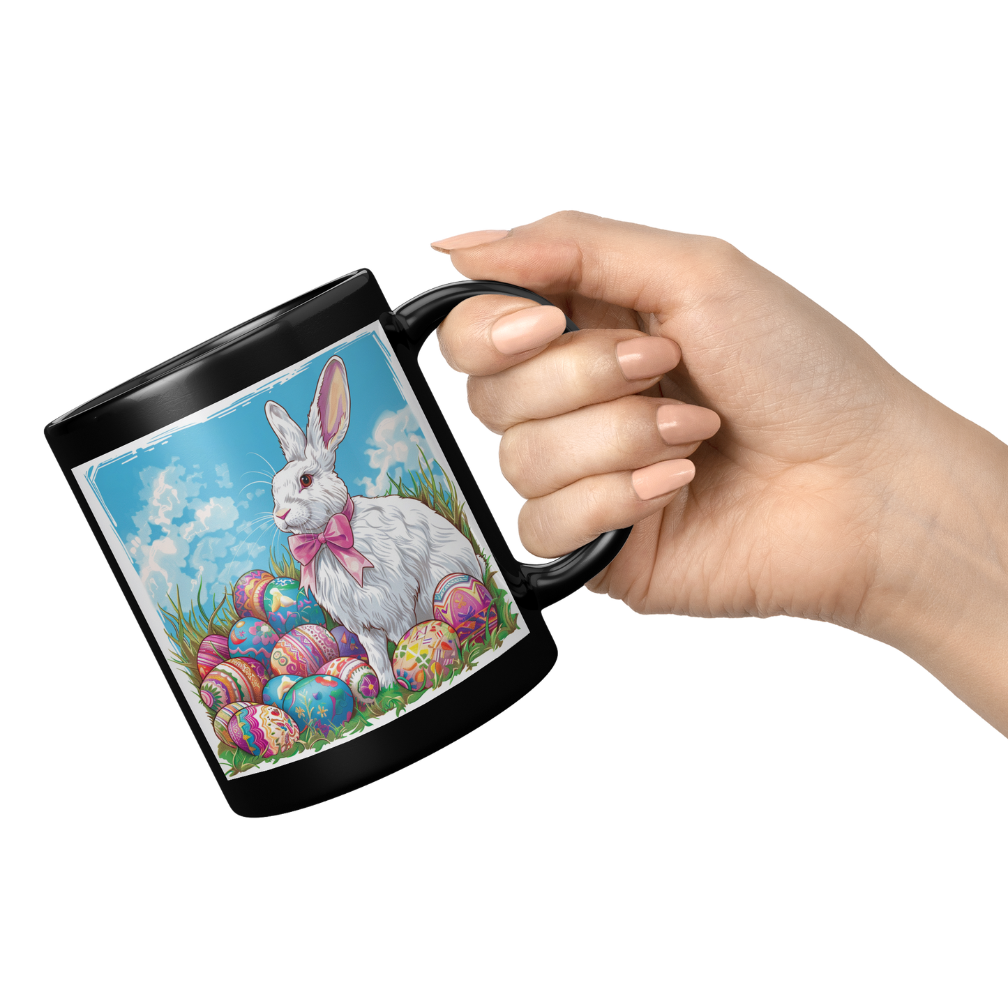 Snow_White_Rabbit_with_Pink_Bow_11oz_Black_RH_Model_Mockup.png