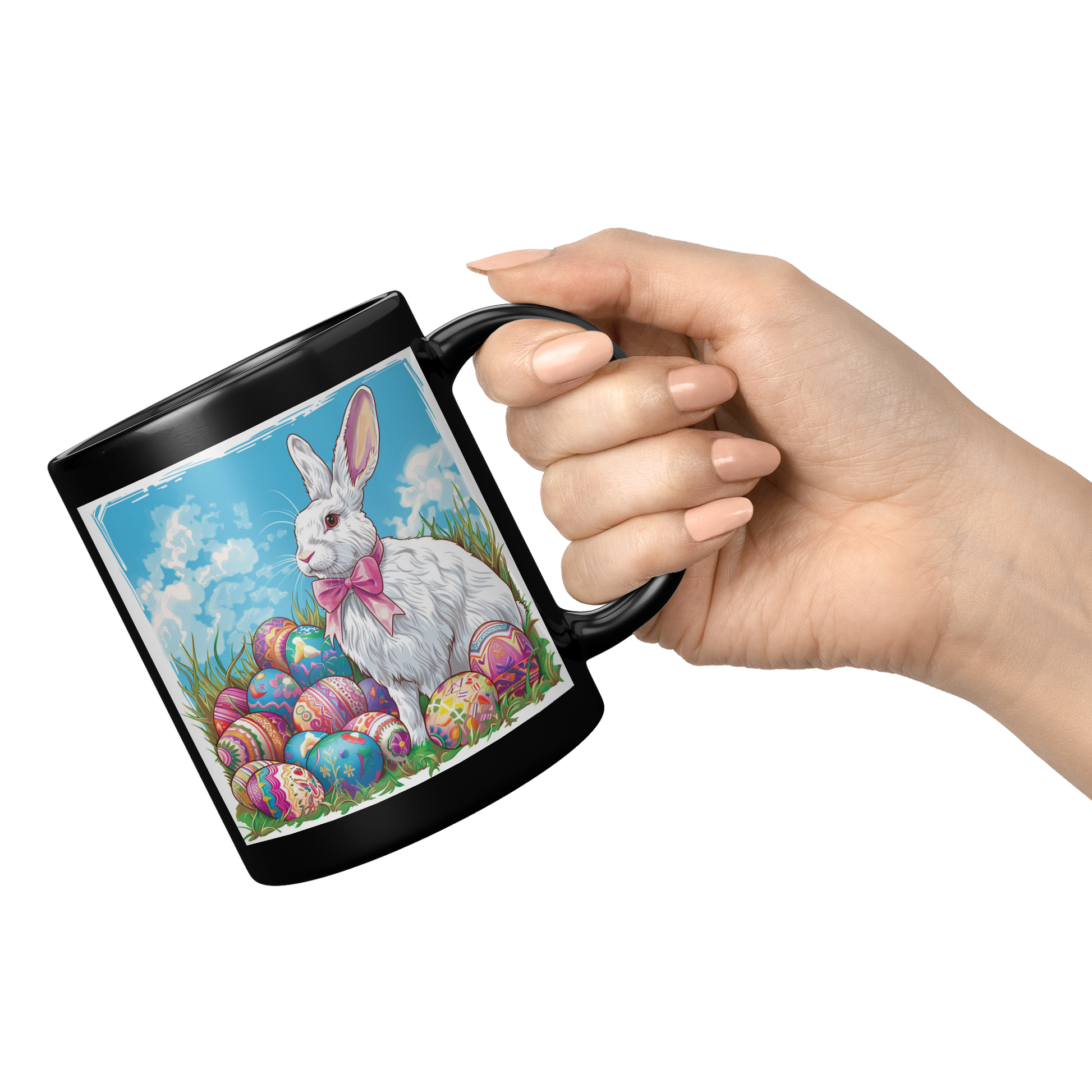 Snow_White_Rabbit_with_Pink_Bow_11oz_Black_RH_Model_Mockup.png