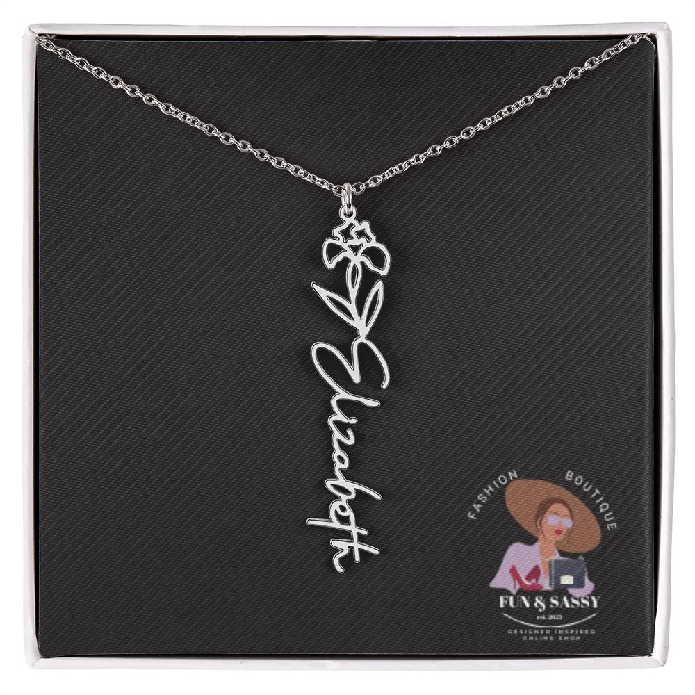 Custom Floral Cursive Name Plate Necklace