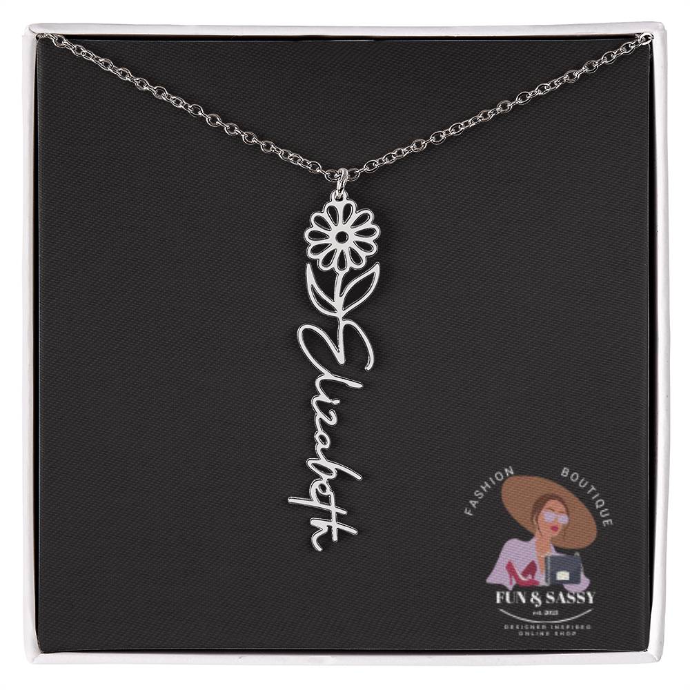 Custom Floral Cursive Name Plate Necklace