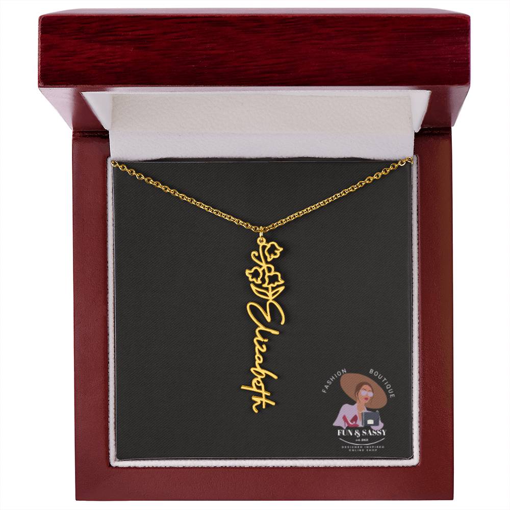 Custom Floral Cursive Name Plate Necklace