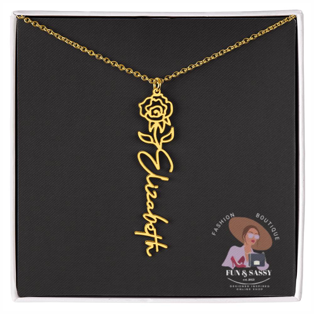 Custom Floral Cursive Name Plate Necklace