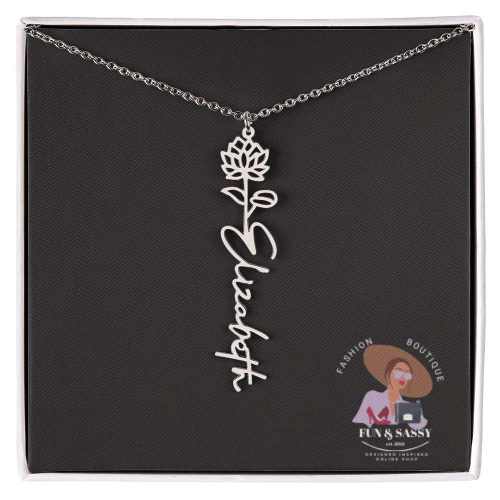 Custom Floral Cursive Name Plate Necklace