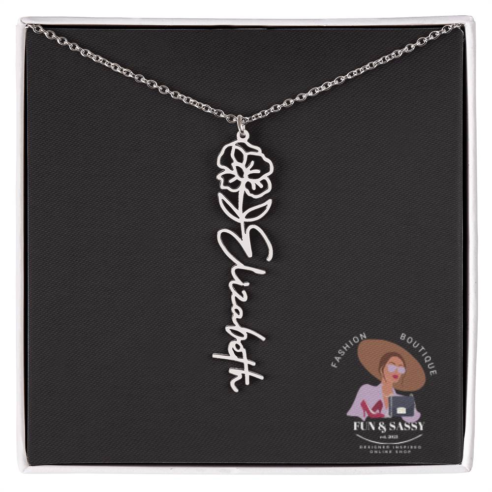 Custom Floral Cursive Name Plate Necklace