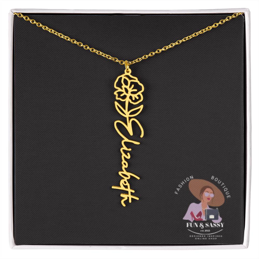 Custom Floral Cursive Name Plate Necklace