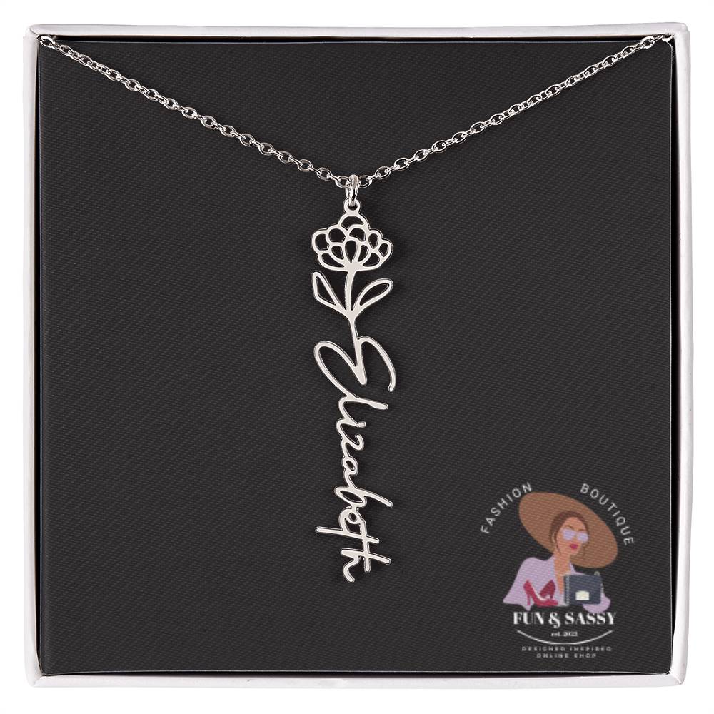 Custom Floral Cursive Name Plate Necklace