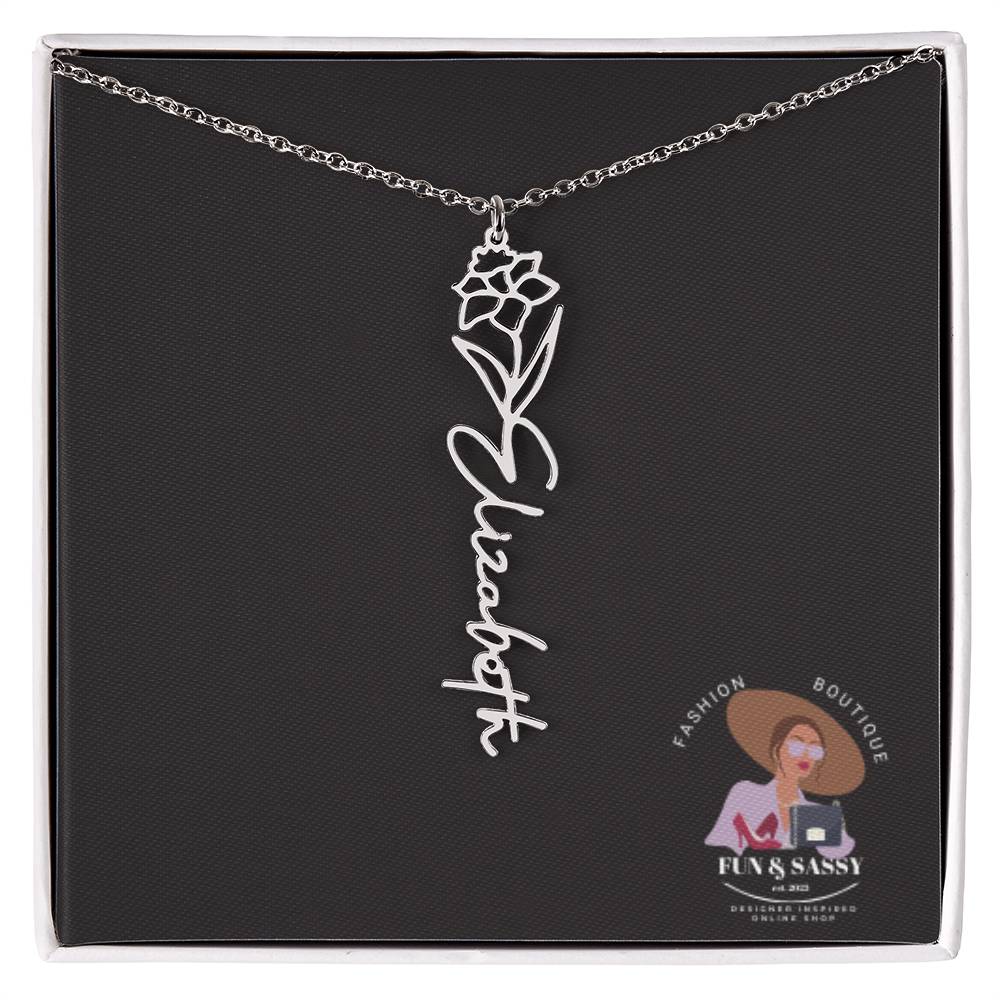 Custom Floral Cursive Name Plate Necklace