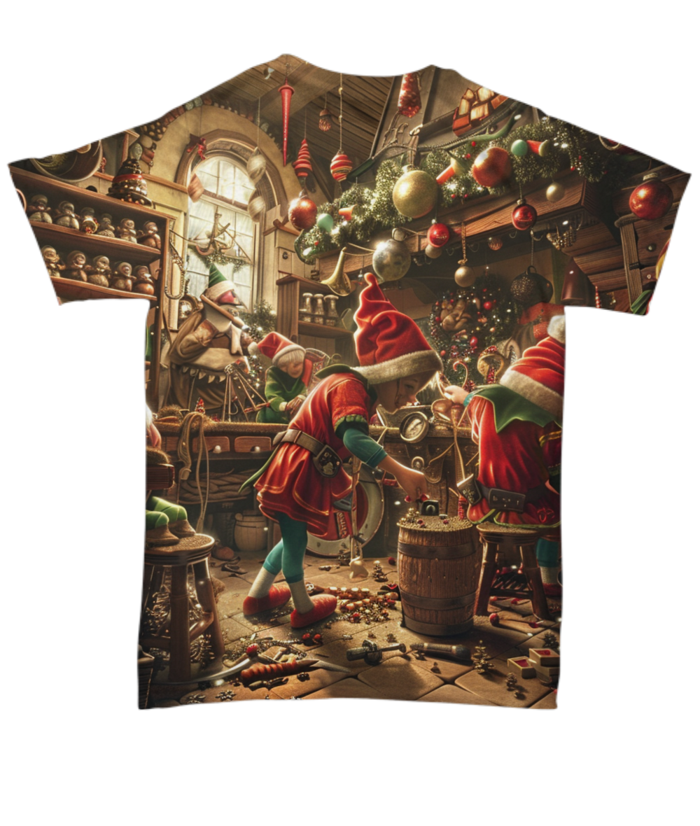 Busy Elves, Merry Shelves All Over T-Shirt