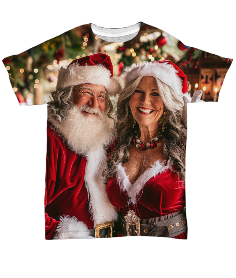 The Claus Couple’s Workshop Magic All Over T-Shirt