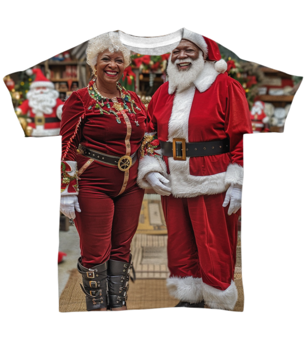 Santa & Mrs. Claus’ Toy-Making Time All Over T-Shirt