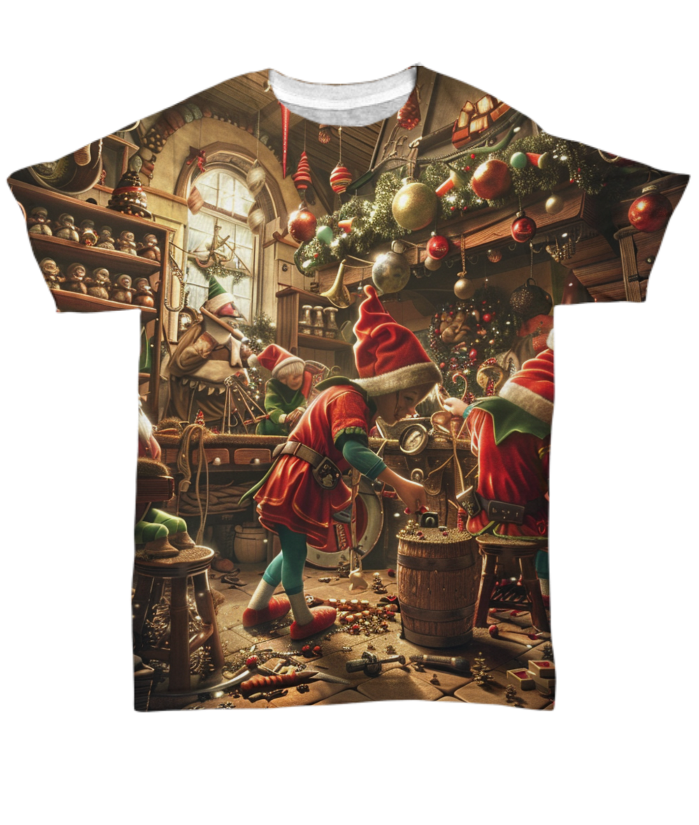 Busy Elves, Merry Shelves All Over T-Shirt